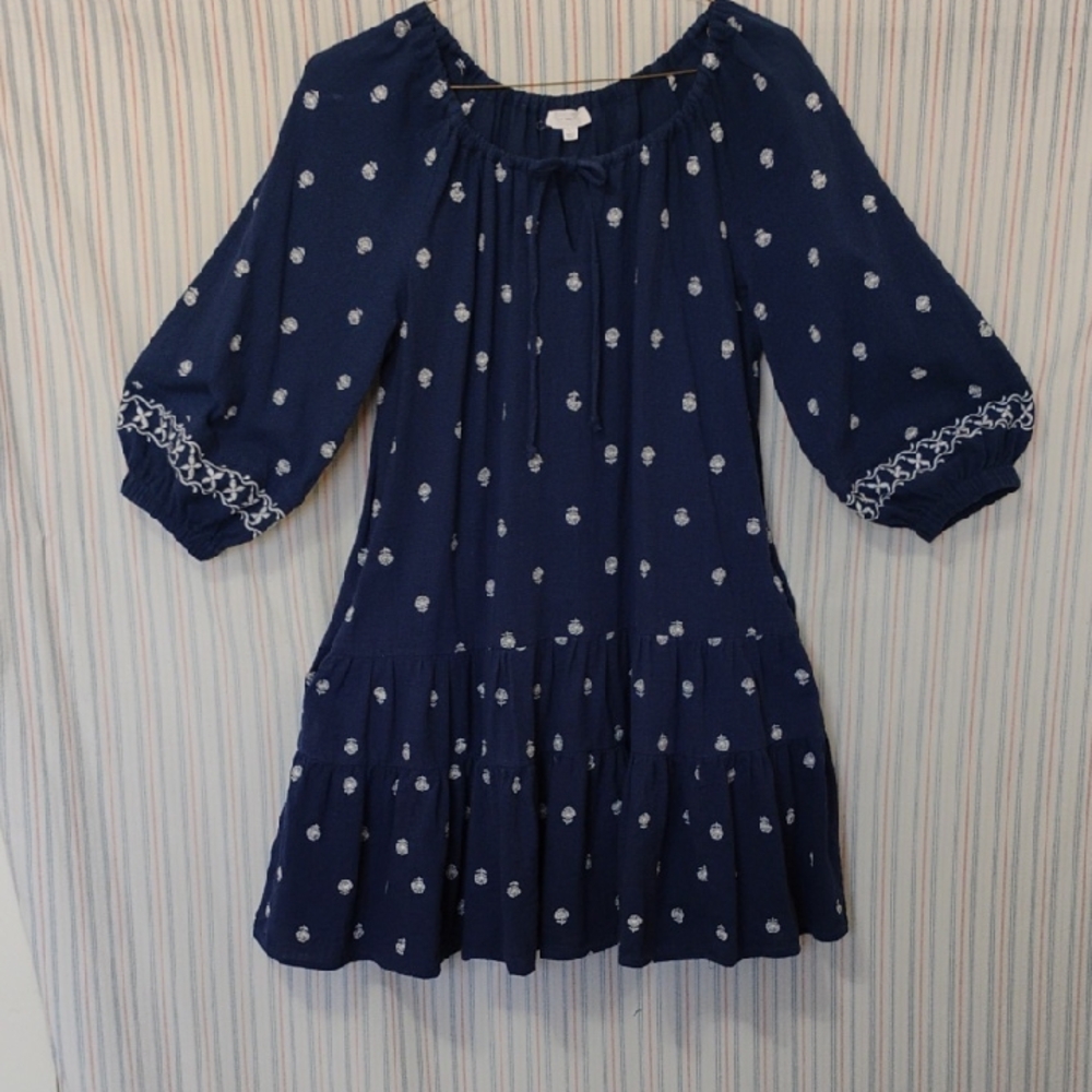 A Loves A  Lovely Navy Blue Dress With White Embroidery  L